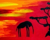 giclee print of an elephant and a giraffe silhouetted against an african sky with an acacia tree, abstract, acrylic on canvas