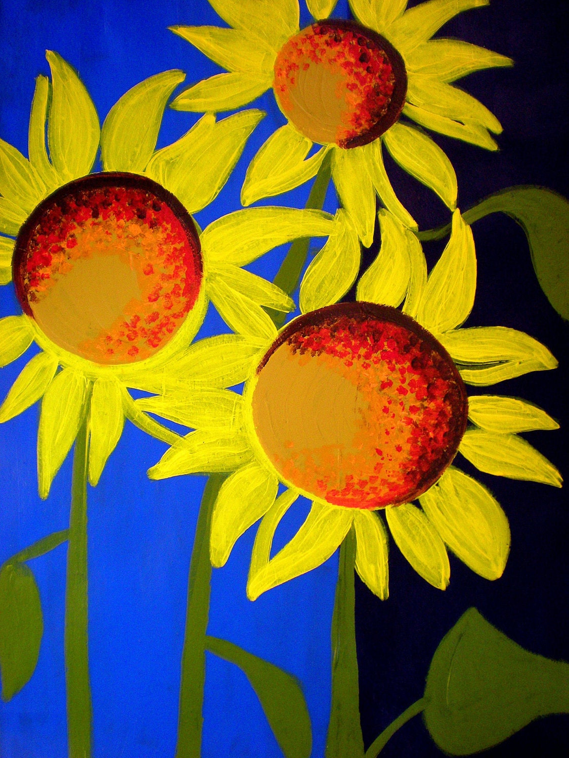 giclee print of yellow sunflowers against blue sky, abstract, acrylic on canvas