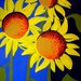 giclee print of yellow sunflowers against blue sky, abstract, acrylic on canvas