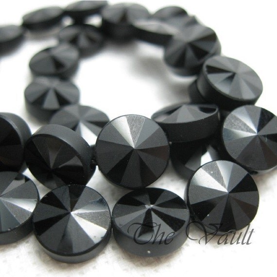 6 Black Onyx 8mm coins, etched and polished altering pie slice faceted
