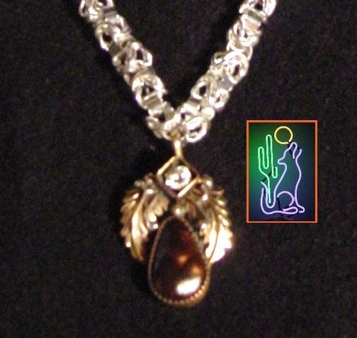 Tigereye Fossil and Zirconia Sculpted Gold and Sterling Silver Leaf Cabochen Pendant 21 Inch Sterling Entwined Link Chain