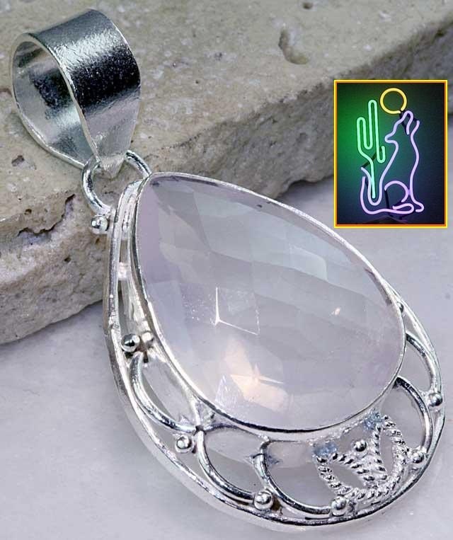 Sterling Silver Rose Quartz Gemstone Pendant Necklace on 18 inch 2 mm Chain