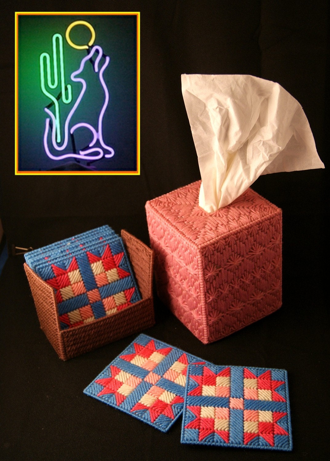 Rose Pastels Needle Point Tissue Box with 6 pc. Coaster Set and Holder