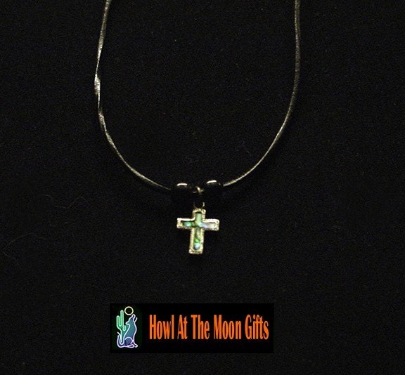Crucifix Paua Shell Leather Rope Necklace   CLEARANCE