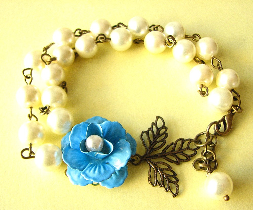 Flower Bracelet Turquoise Jewelry Bridesmaid Bracelet Rose Jewelry Pearl Bracelet Leaf Bracelet