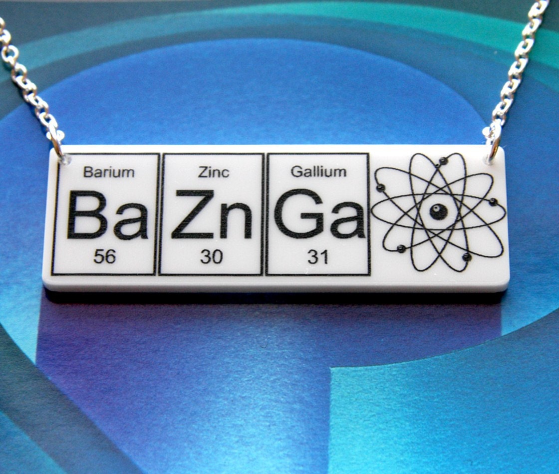 NEW BAZINGA....White BaZnGa Necklace silver plated chain ... periodic table inspired jewelery