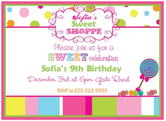 Personalized Invitations, Candy Shoppe, Sweet Shop, Birthday, Sweet Treat, Boys, Girls, Candy, Lollipops, Gumballs, Set Of 12 Il_570xn