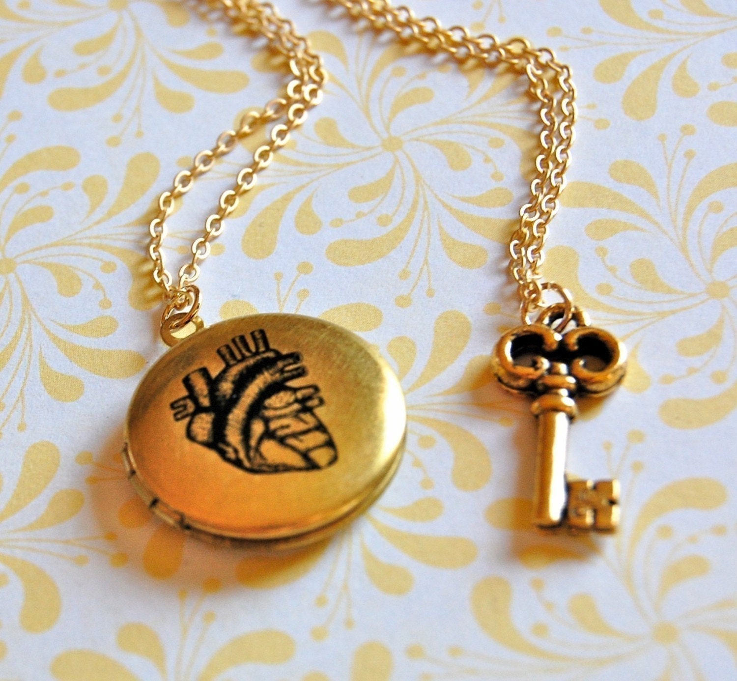 Anatomically Correct Heart Vintage Art Locket and Gold Key Charm Necklace Set of Two Necklaces