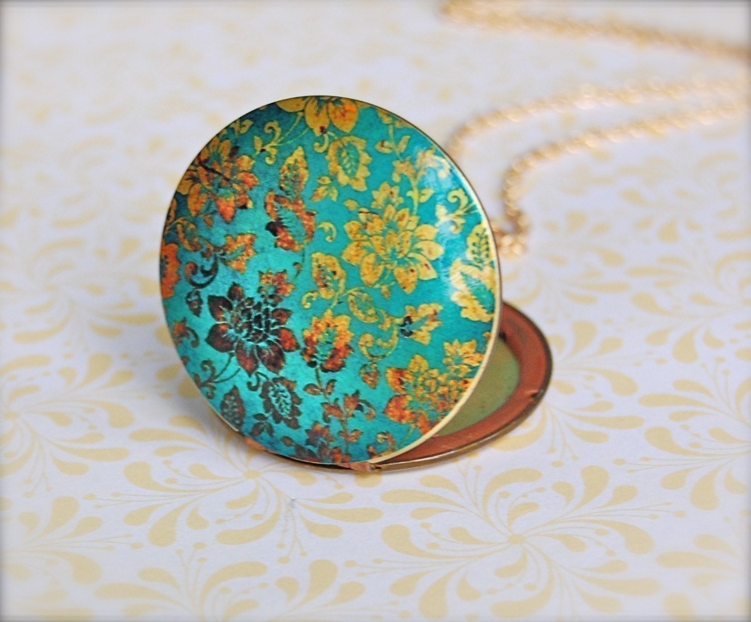Vintage Locket Necklace with Turquoise and Gold Floral Wallpaper Print