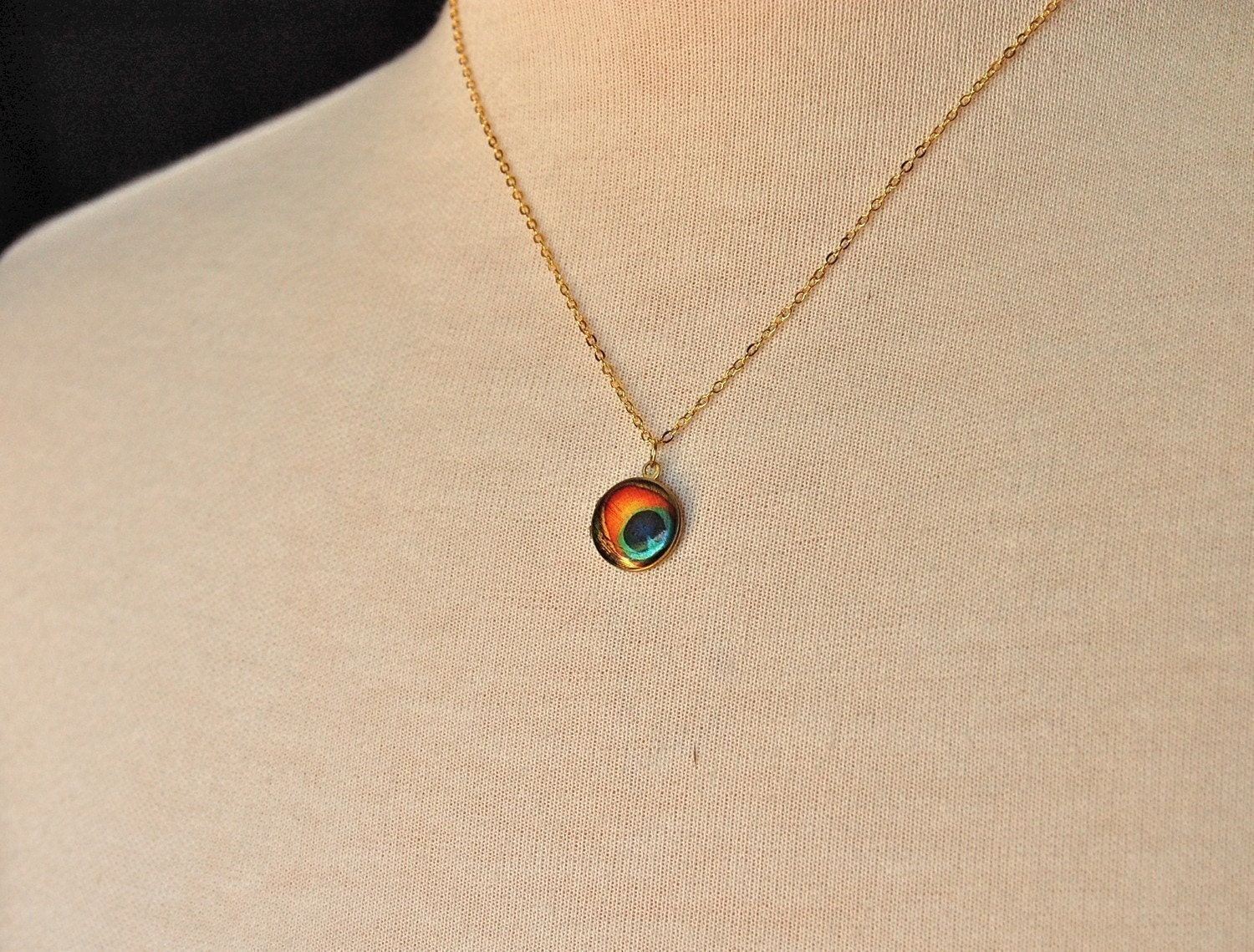 Tiny Locket Peacock Feather Art Print Turquoise Teal Orange Necklace