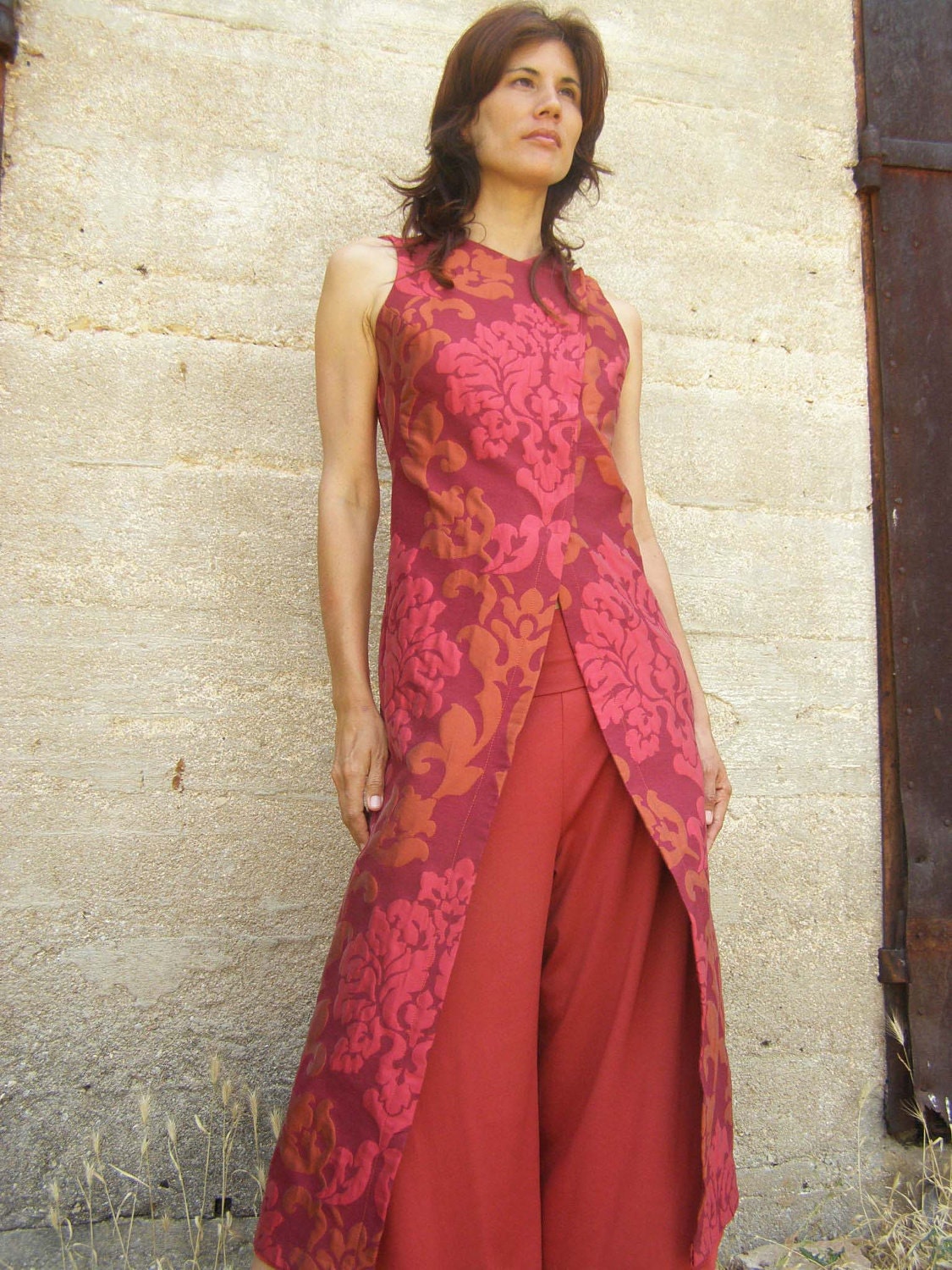 Tailored elegant women's dress-The WOMAN WARRIOR dress-Evening wear-Floral Womens tailored dress in red&orange -Maxi dress-custom order