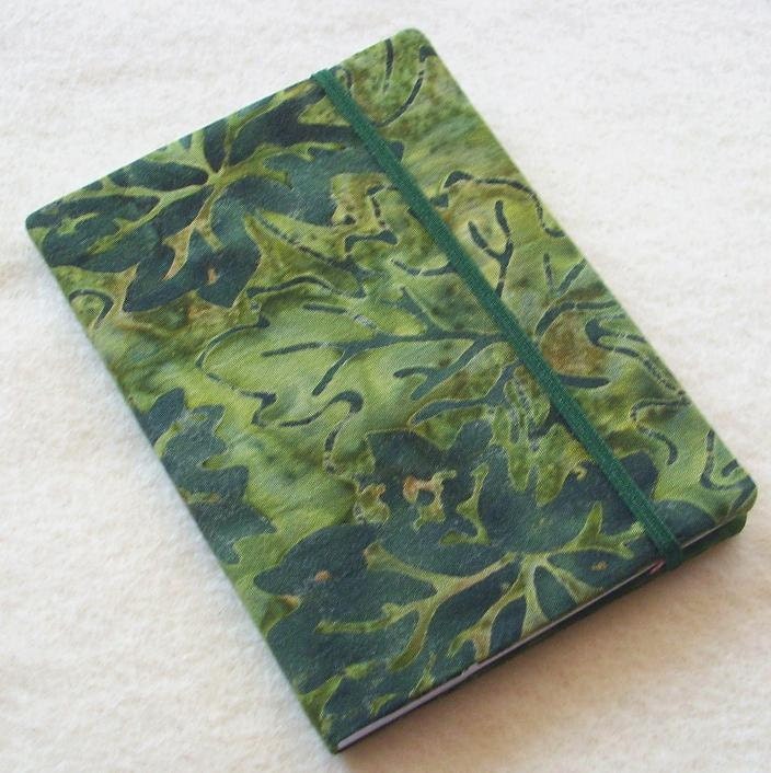 Batik Covered Pocket Memo Book, Refillable Mini Composition Notebook Cover in Grape Leaf Fabric