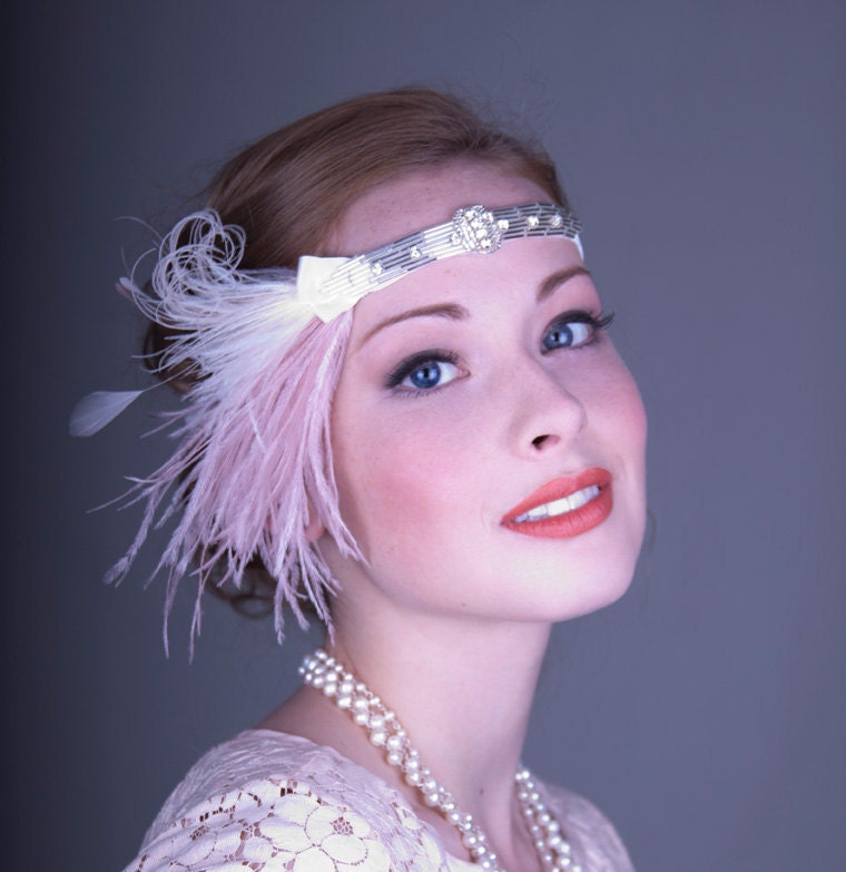 Flapper Feather Headband Silver And Champagne Pink