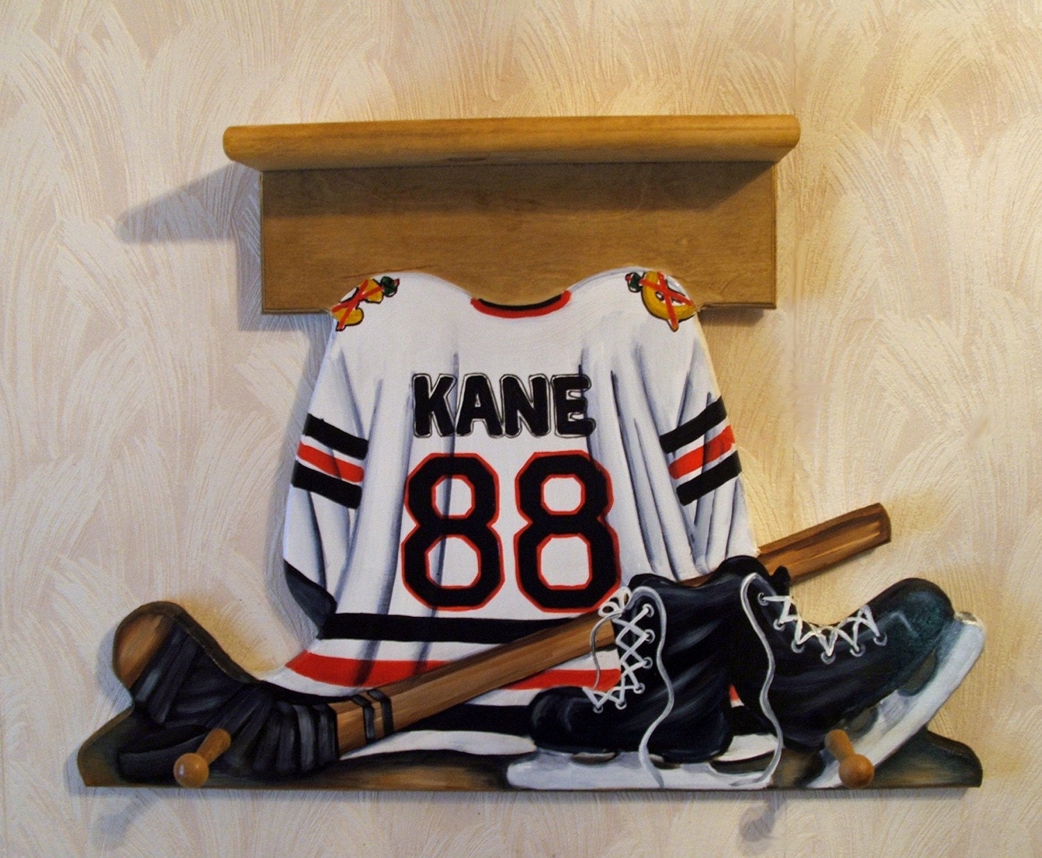Custom HOCKEY JERSEY Wall Hanging with Shelf and 3 Pegs
