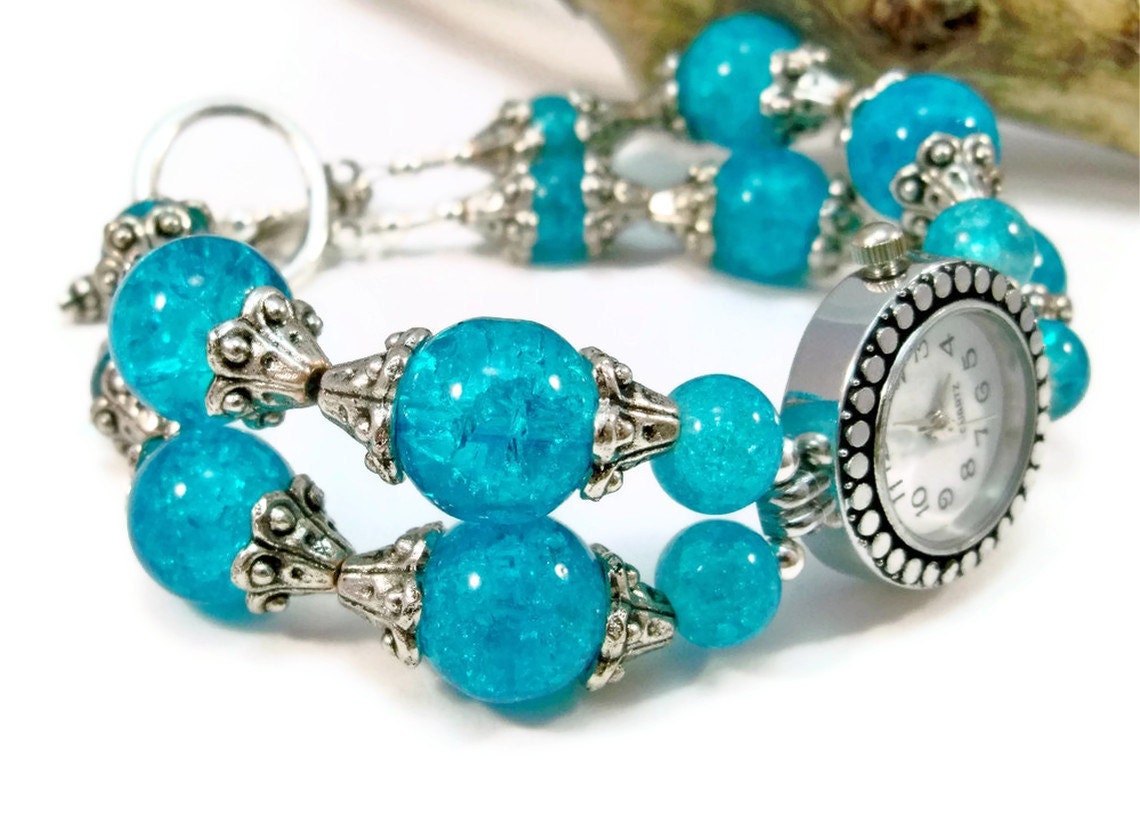 OOAK Womens Beaded Watch Aqua Blue Cracked Glass Beads Double Strand
