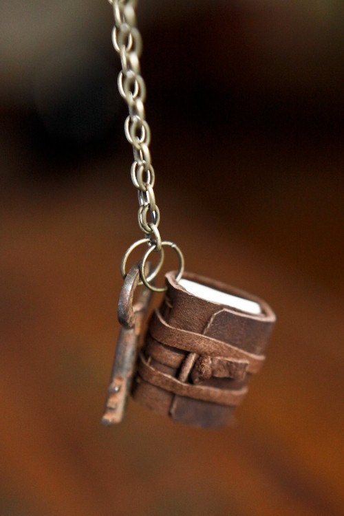Mini Leather Journal Necklace with Antique Key