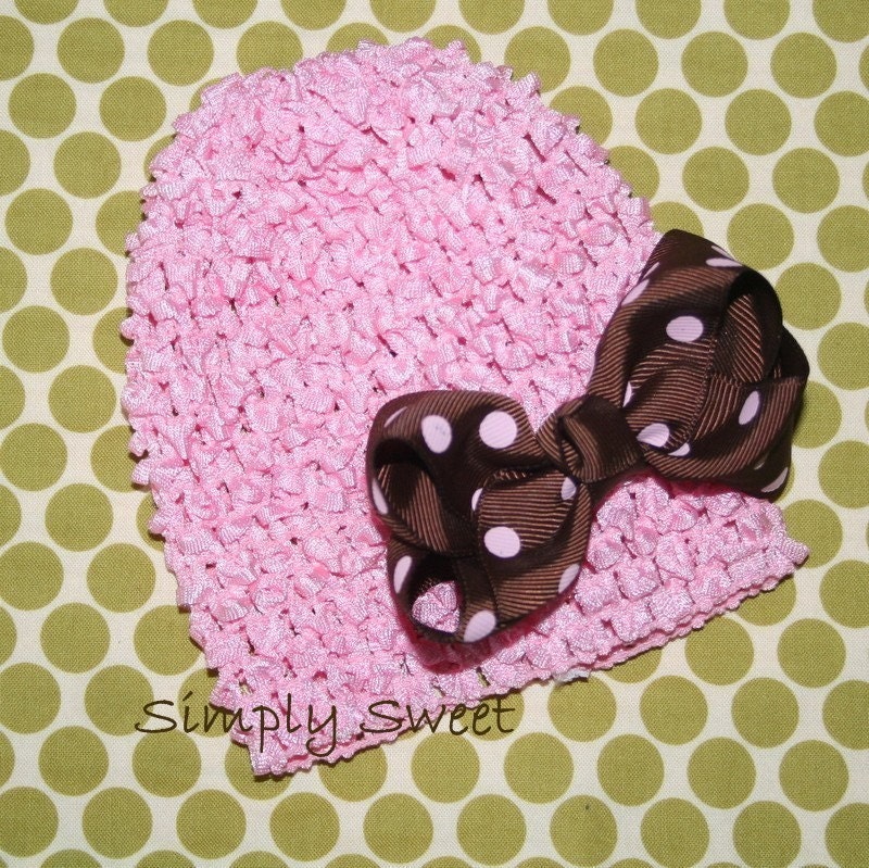 Ready to Ship - Bella Hat - Pink Beanie with Brown Pink Polka Dot Bow Clip - Perfect for  Newborns, Baby Shower Gift, and Photography Prop