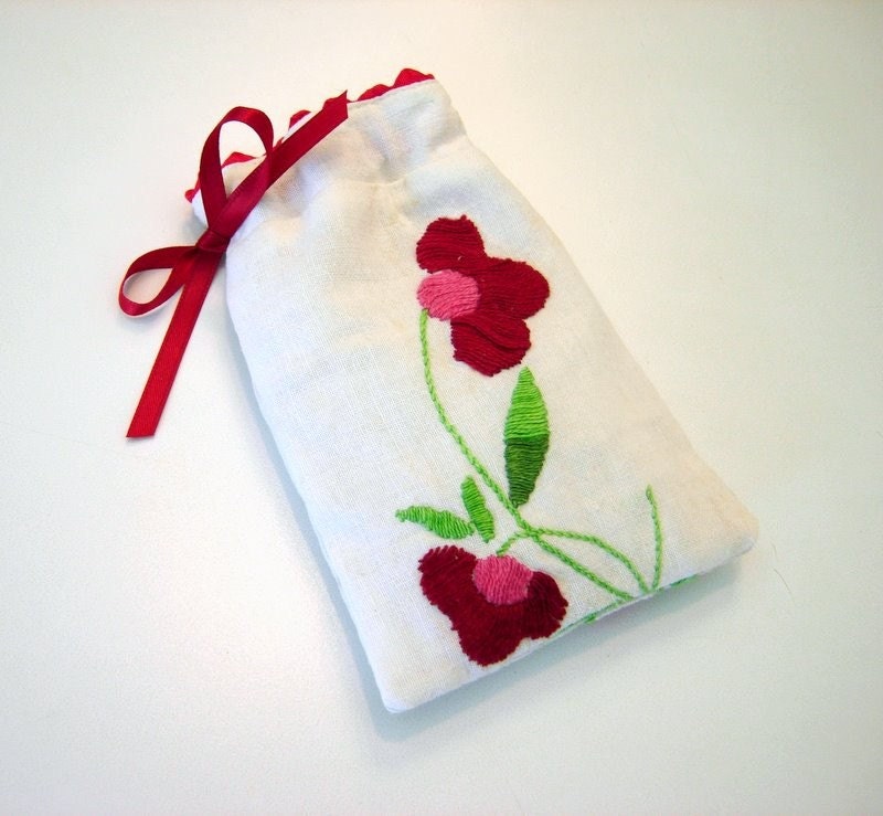 Lavender Sachet Bag:  Upcycled Vintage Linen with Red Flowers