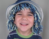 Blue jeans hat with yarn hair for children - Just for fun -  Costume for play pretend, party dress up or halloween
