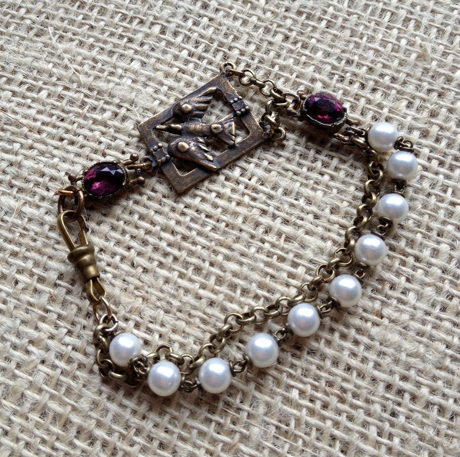 Vintage Assembled Bracelet - Brass, Pearl and Amethyst Bracelet with Dainty Vintage Brass Swallow