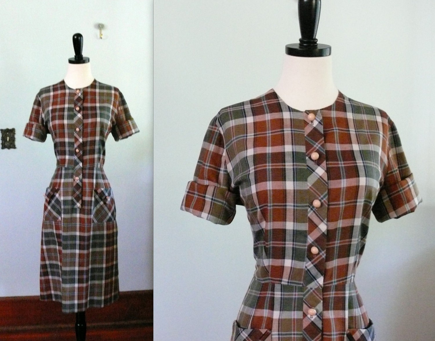 vintage 1960s Dress // Forest Plaid Dress