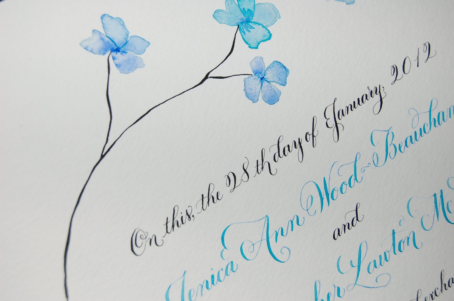 Hand Lettered Quaker Marriage Certificate - Featuring Hand Calligraphy, Watercolor leaves or flowers deposit