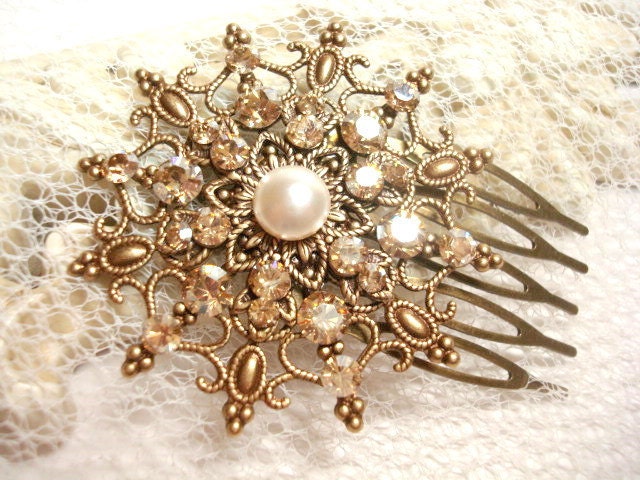 Bridal hair comb, vintage style hair comb, antique brass filigree with Swarovski golden shadow crystals, wedding hair comb, fascinator
