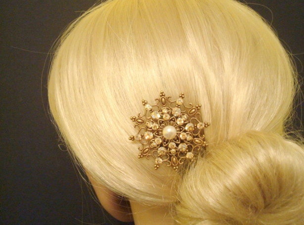 Bridal hair comb, vintage style hair comb, antique brass filigree with Swarovski golden shadow crystals, wedding hair comb, fascinator
