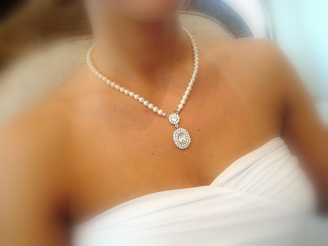 Wedding jewelry set, bridal necklace and earrings, ivory pearls with rhinestone accents, bridal earrings