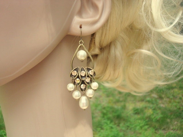 Bridal earrings, wedding jewelry, vintage style earrings with Swarovski golden shadow crystals, Swarovski ivory pearls, chandelier earrings
