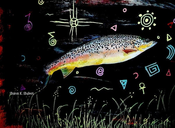 Trout Art Tribal Petroglyph Symbols Digital Print Totem Fish Native American Wall Decor Giclee Print 8 x 10