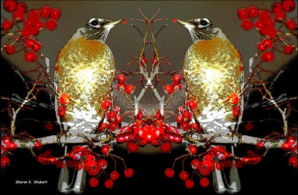 Birds Eating Red Berries Digital Print Gold Red Black 8 x 10 Giclee - GrayWolfGallery