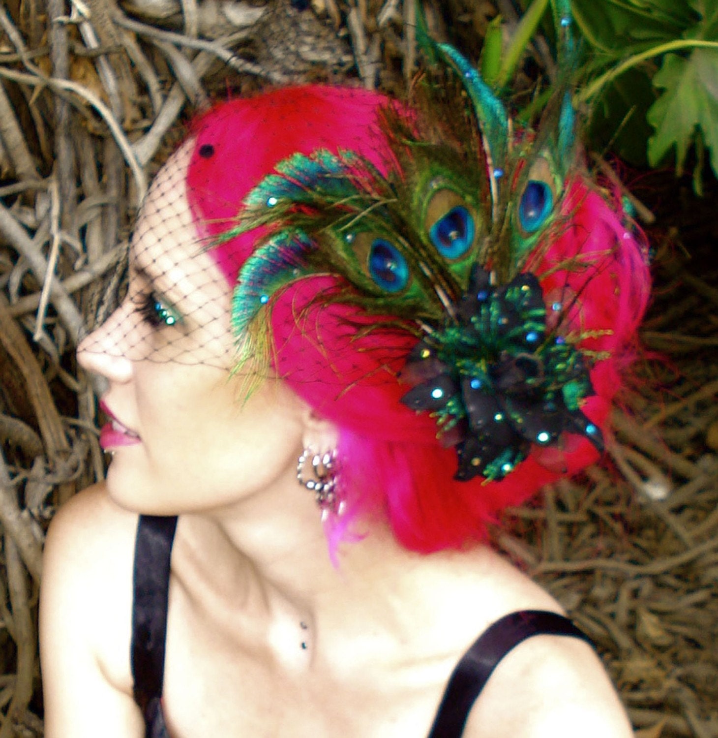 The Azucena - Black Peacock Rose Fascinator Brooch and Removable Birdcage Veil Set - by Moonshine Baby