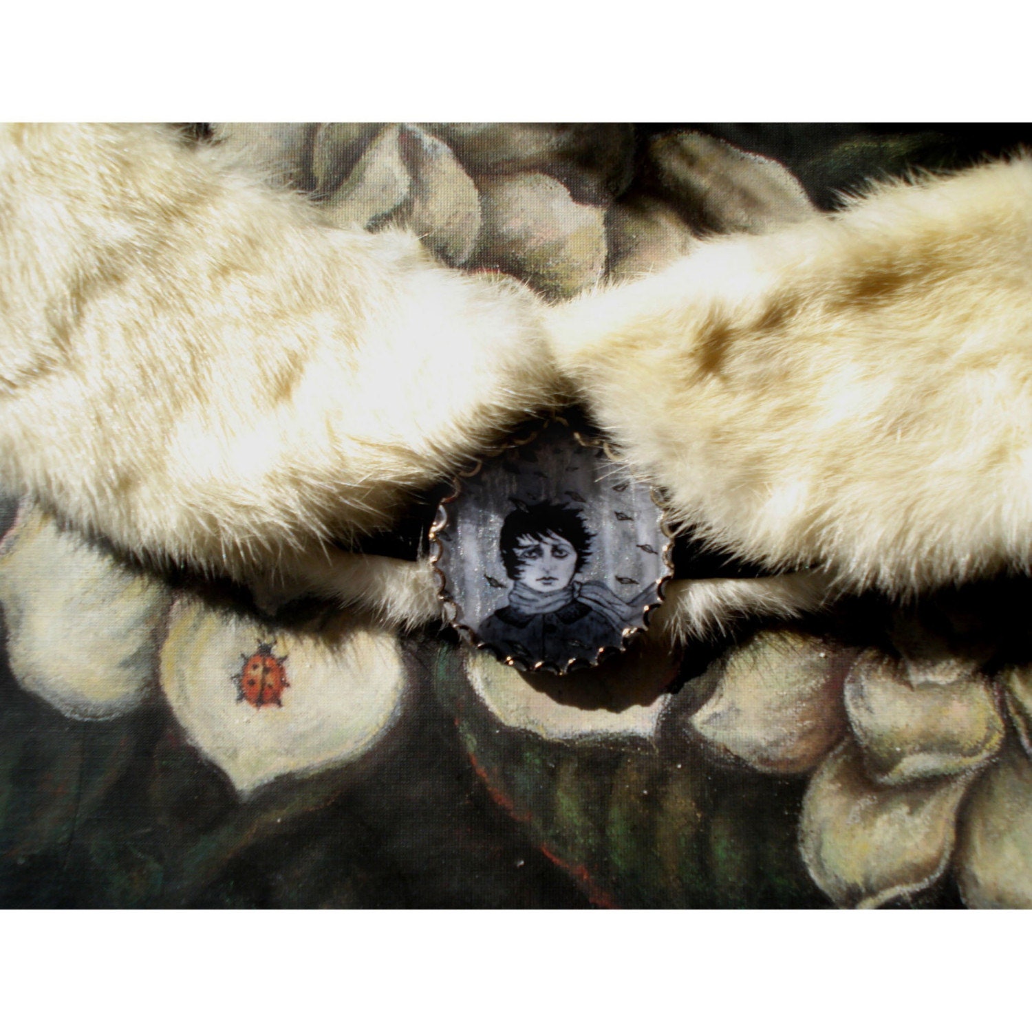 Autumn Portrait Pendant with Jasmine Mink White Fur Collar - Original Art - Upcycled Vintage - by Moonshine Baby