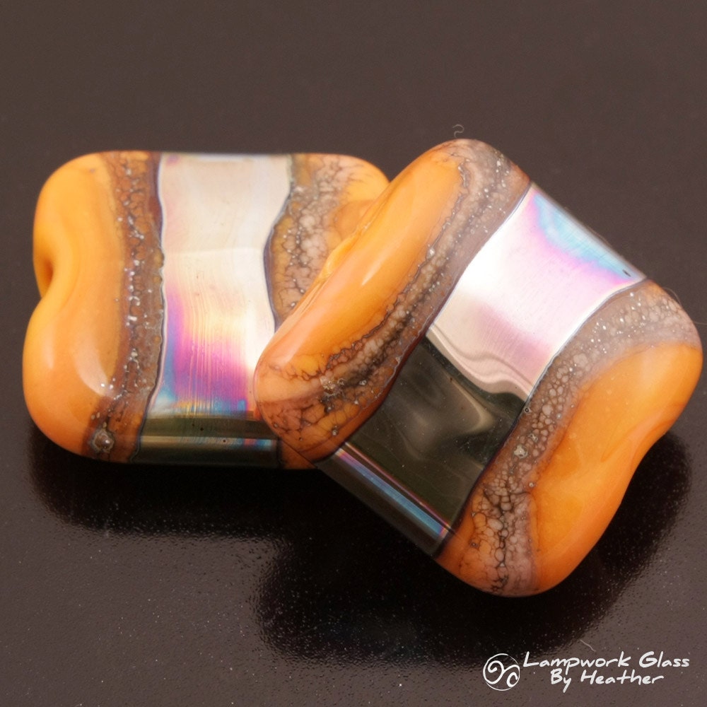 Lampwork Bead Pair Handmade Metallic Gold Pink over Tangerine Orange Square Tile Earring Pair Heather Behrendt (1356) BHV SRA LETeam