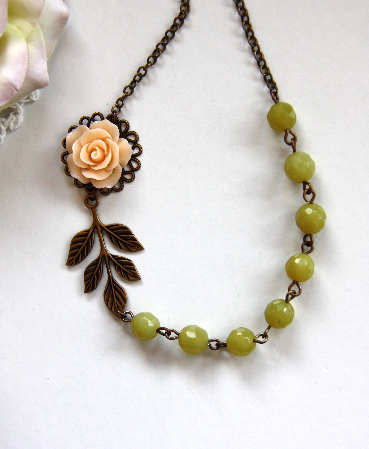 A Soft Light Apricot Peach Flower Cabochon, Brass Leaf, Olive Jade Gemstone Necklace.  Summer Inspired. Bridesmaid Gift. Peach Wedding