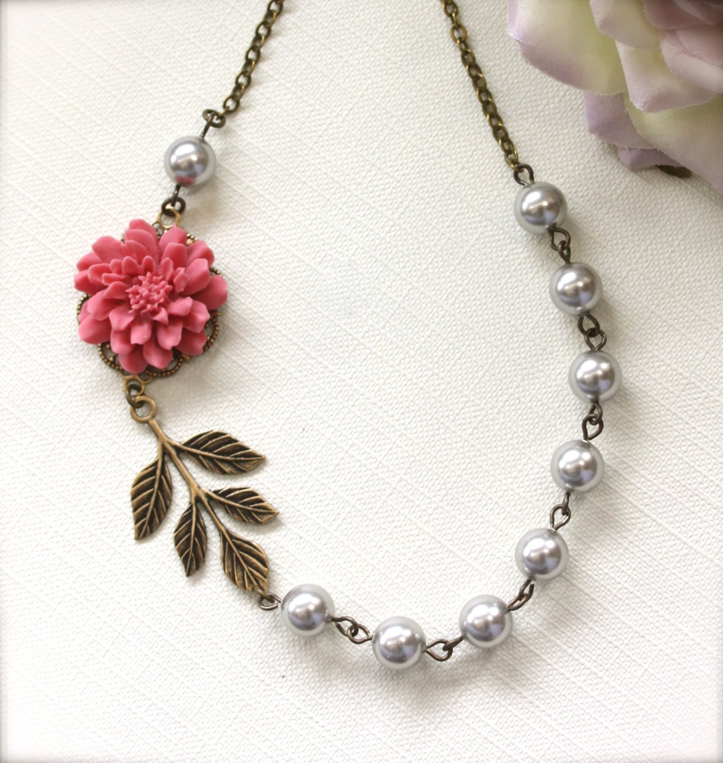 Dark Pink Rose Flower Necklace. Brass Leaf , Silver Grey Pearls Antiqued Brass Necklace.Wedding Jewelry Bridesmaid Necklace. Country Wedding