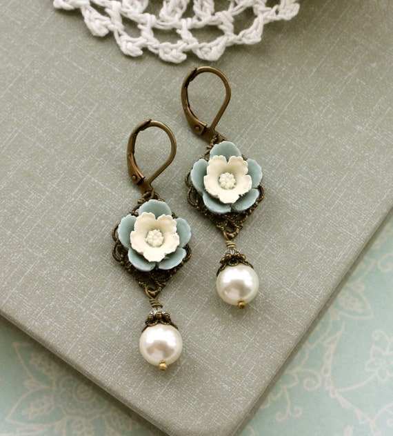 Spring First Love Earrings. A Vintage Style Soft Dusty Grey Blue, Cream Pansy Flower, Ivory Peal Drop Earrings. Bridesmaids Gifts. Wedding.