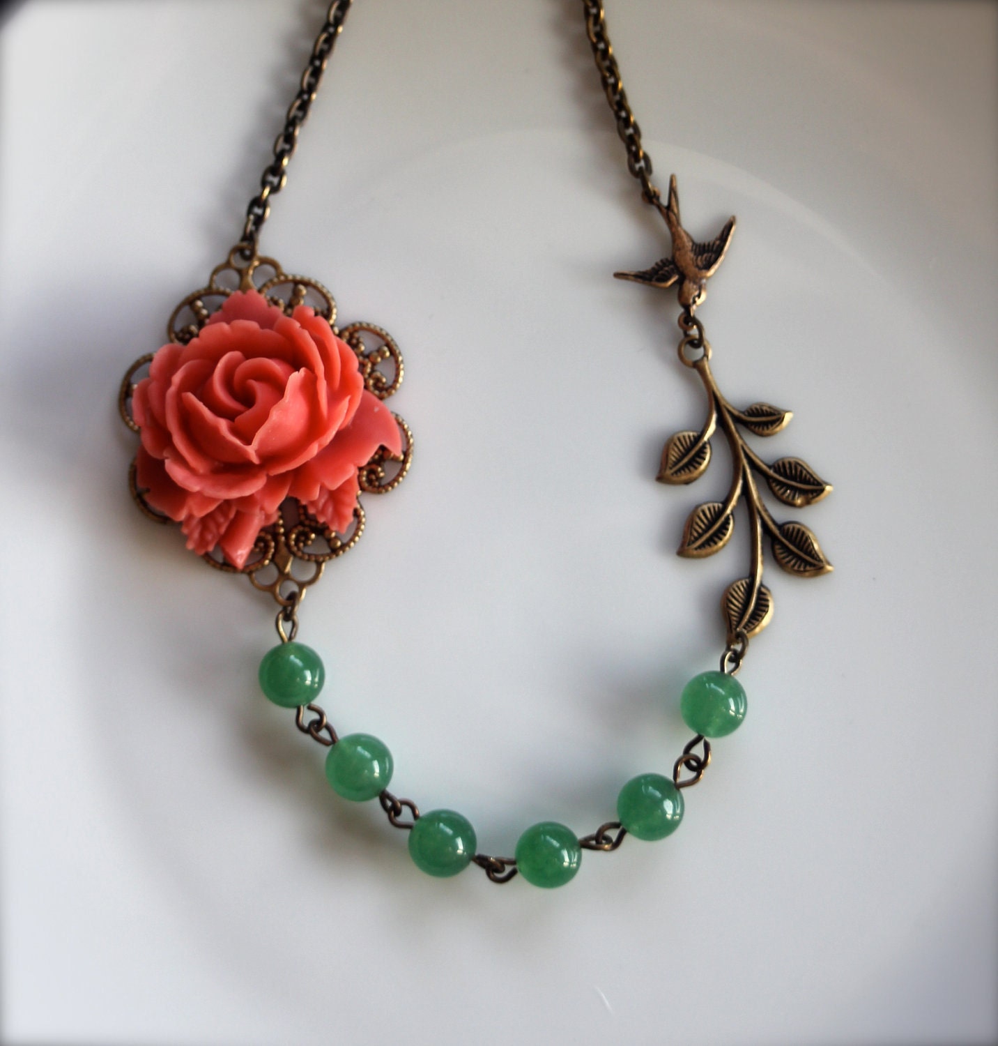 A Coral Color Rose Flower, Aventurine Gemstone Beads, Oxidized Branch, Flying Swallow, Necklace.  Holiday Gifts For Her. Bridesmaid Gifts.