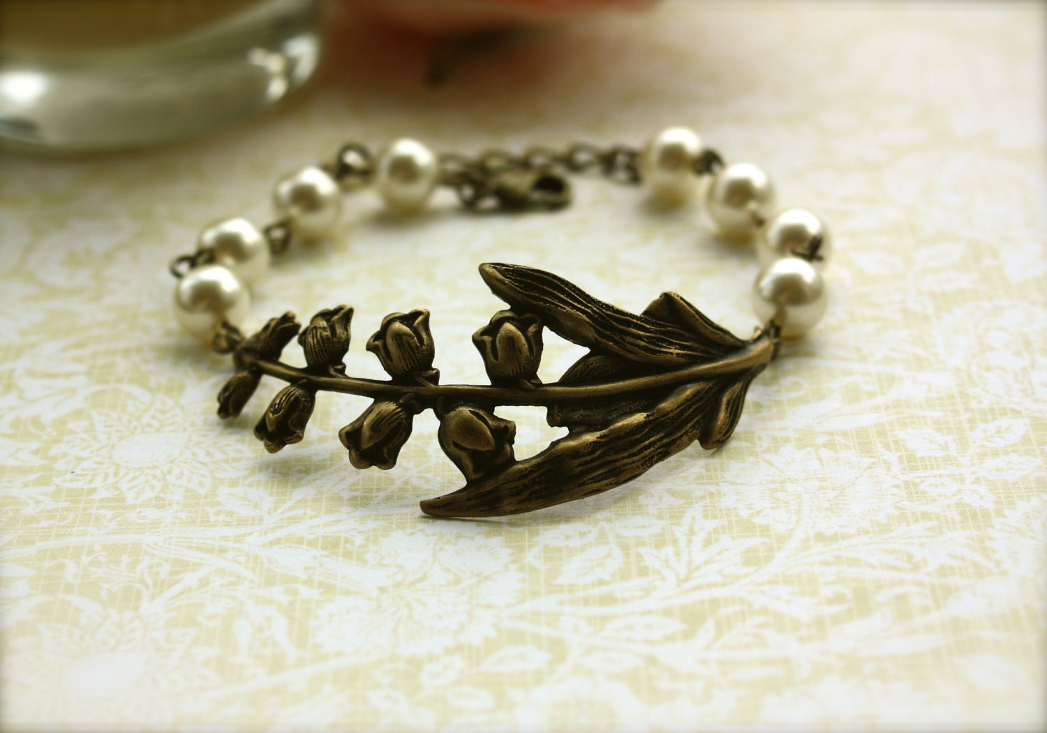 An Oxidized Brass Lily of The Valley Leaf Branch, Ivory Pearls Bracelet. Maid of Honor. Vintage Style. Bridal Jewelry. Bridesmaid Gift.