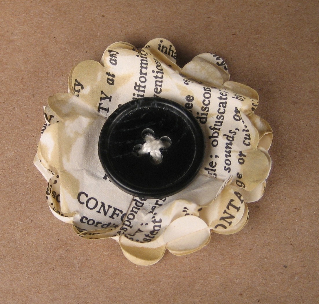 Vintage Dictionary Flowers with Big Black Buttons - My Little Birdie
