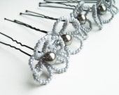 Hair Pins Beaded Grey Flowers - Wedding - Set of 5