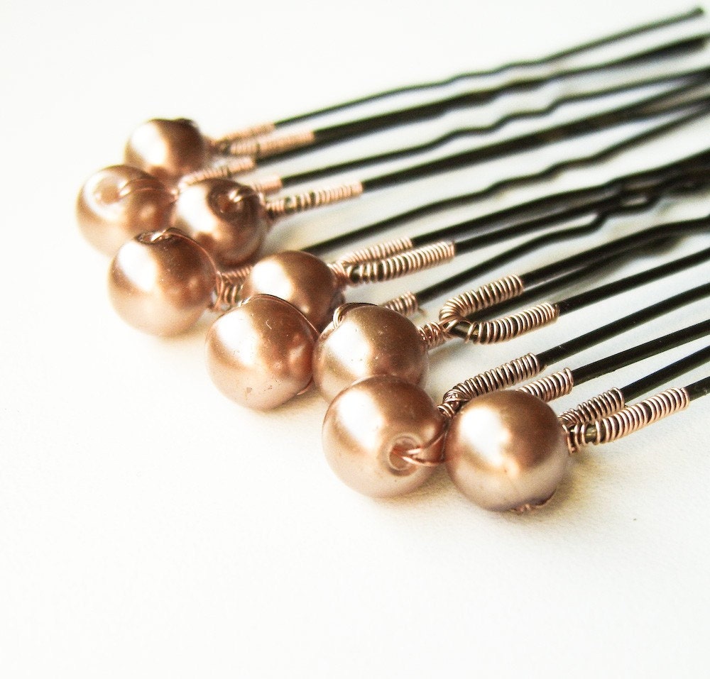 Hair Pins Brown Glass Pearls - Wedding Bridal - Beaded - Set of 9