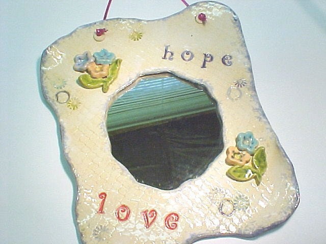 Art Pottery Mirror Love Hope Aqua Red Peach Purple Flowers Creamy White Ivory