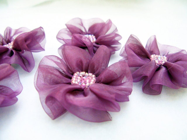 5 pcs. Flowers with Plum Purple Organza Fabric