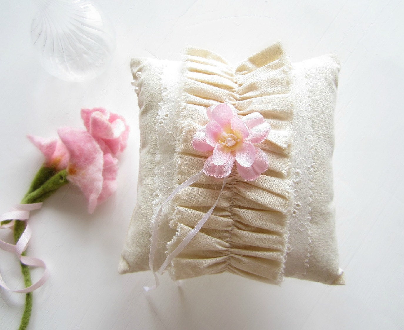 Handmade Ring Bearer Pillow With Ruffle and Pearl Accent in Ivory, Elegant ,Chic Couture Wedding