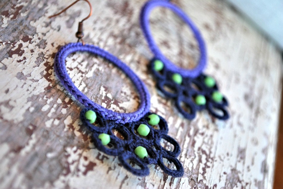 Crochet Earrings. Amethyst, Blue and Lime Green. Beaded. Lightweight Jewelry