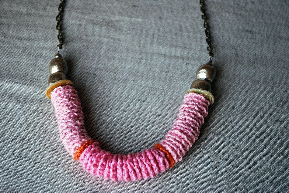 Tribal Jewelry . Pink Tribal Necklace . Bohemian Crochet Necklace . Handmade Clay Beads