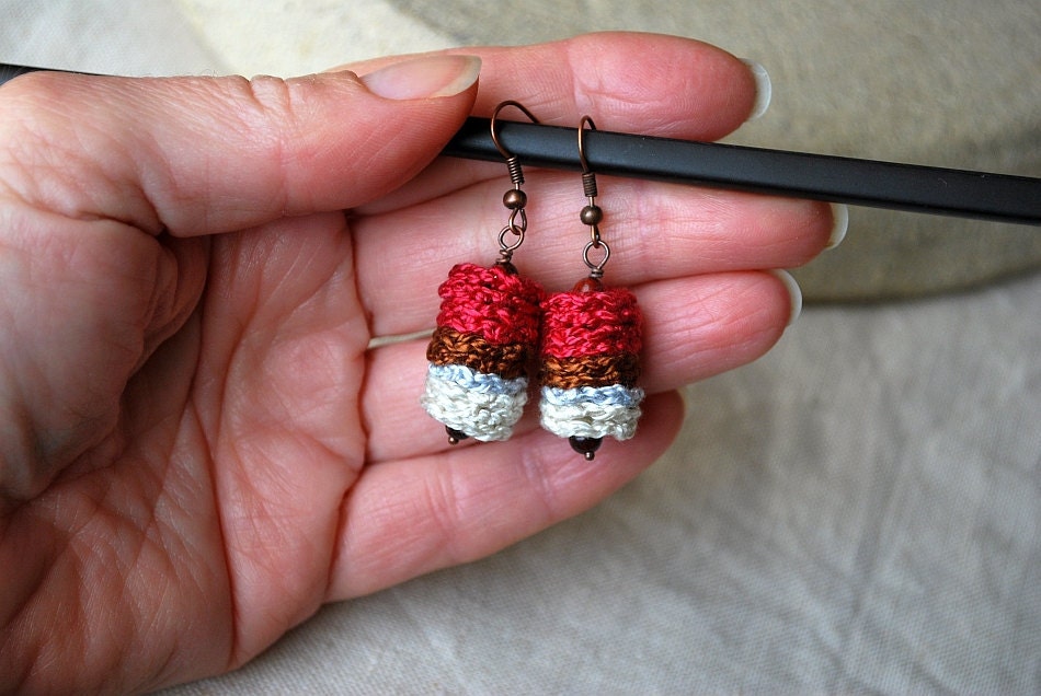 Magenta and Brown Crochet Earrings with Maroon Jasper