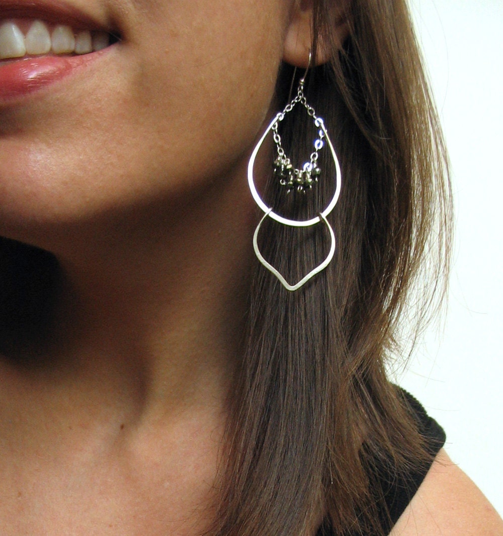 Long Dangle Earrings, Sterling Silver, Pyrite, Hammered, Modern - Shakti Earrings